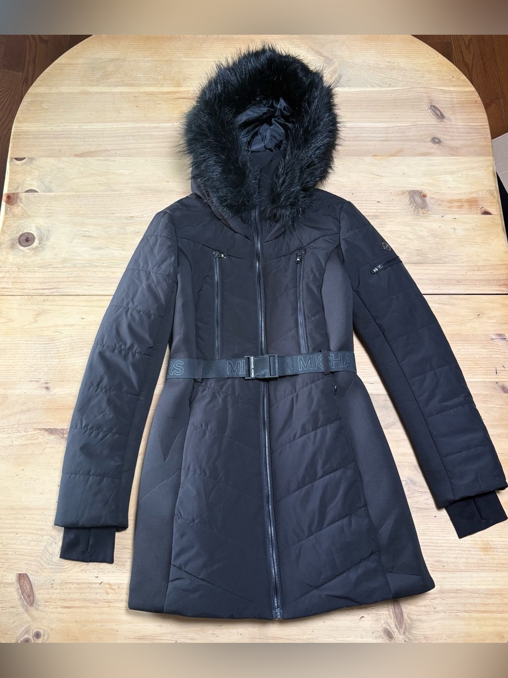Michael Kors Black Hooded Belted Puffer Coat with Faux Fur Trim